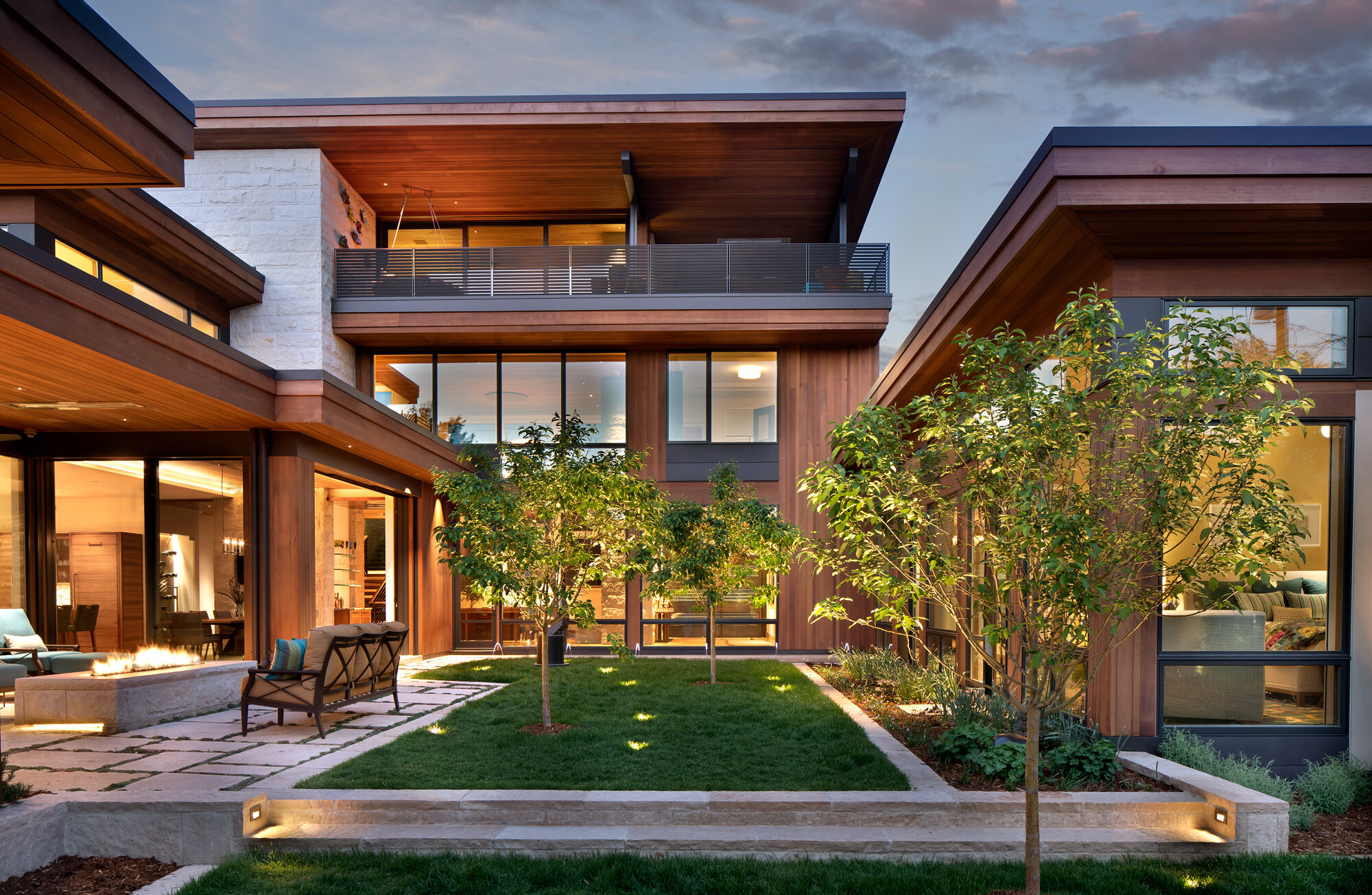 Modern home exterior at dusk