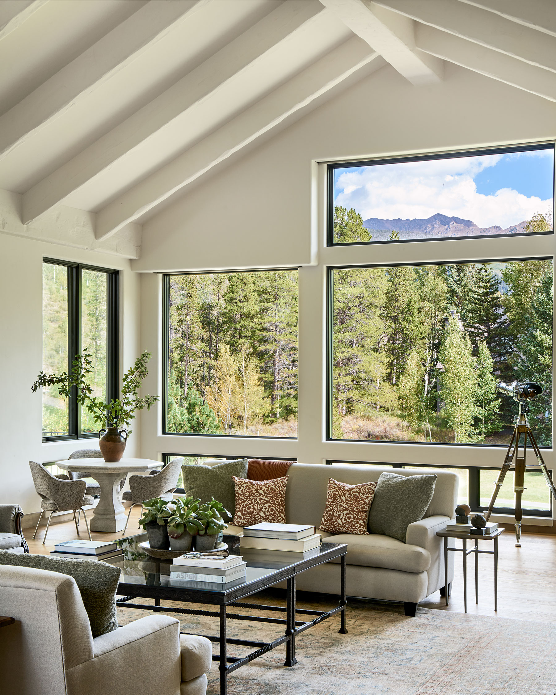 Furnished living room overlooking pine trees and mountains